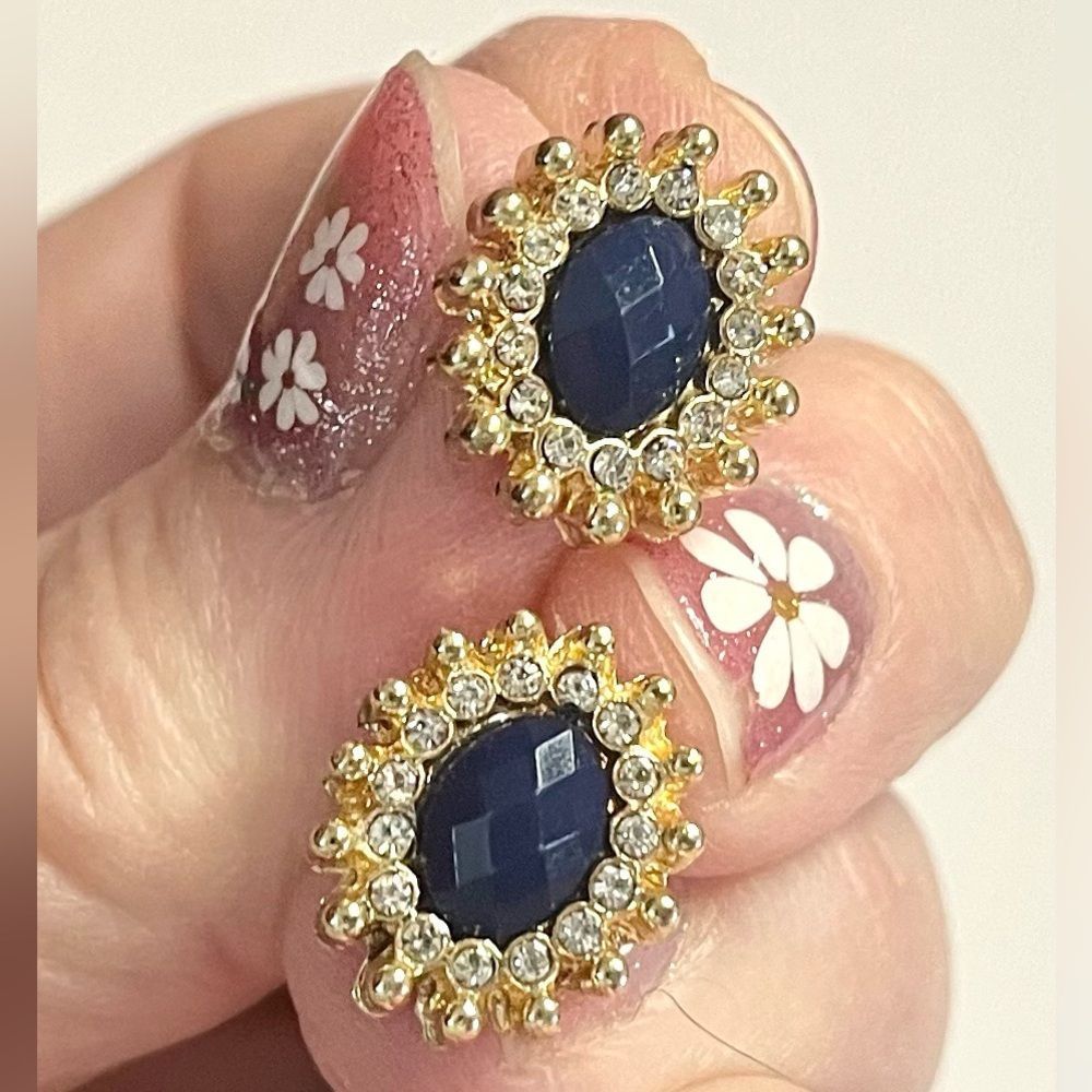 Faux, gold tone blue faceted w/clear rhinestones pierced earrings - Picture 1 of 9